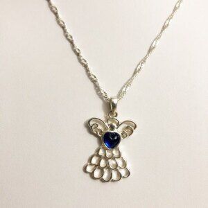 Heart Angel Charm Necklace Silver Tone Blue
